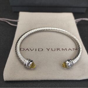 David Yurman Silver Cable Cuff Bracelet with Yellow Gemstone Ends